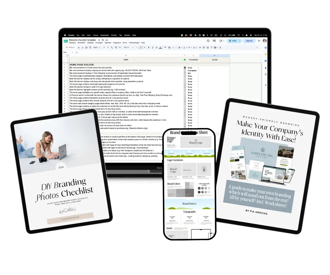 brand kit guidelines template free DIY Brand Power Bundle, cover mockup showing the Brand Photography Checklist, Brand Kit Template, and Website Checklis