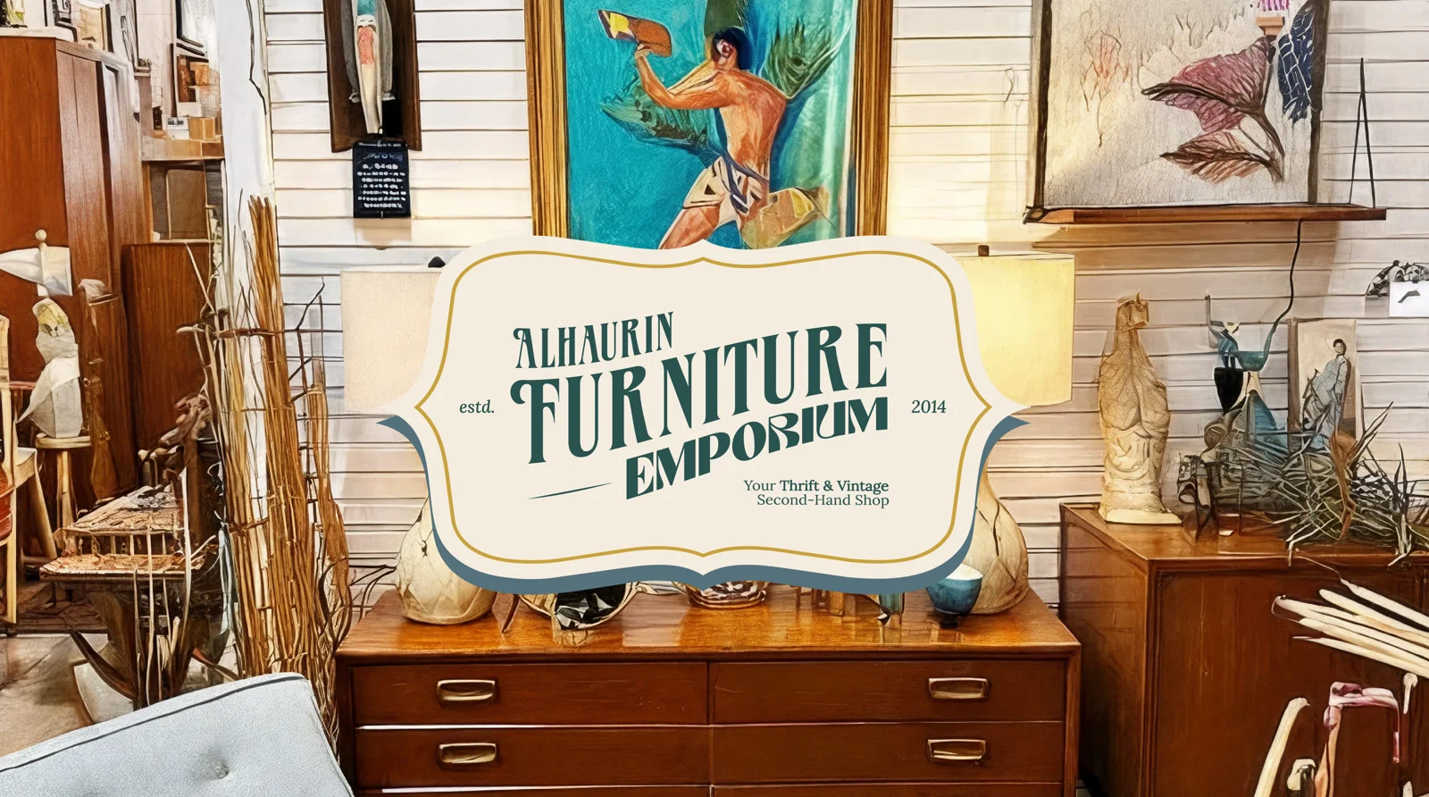 After: the new retro badge logo of Alhaurín Furniture Emporium in the shop