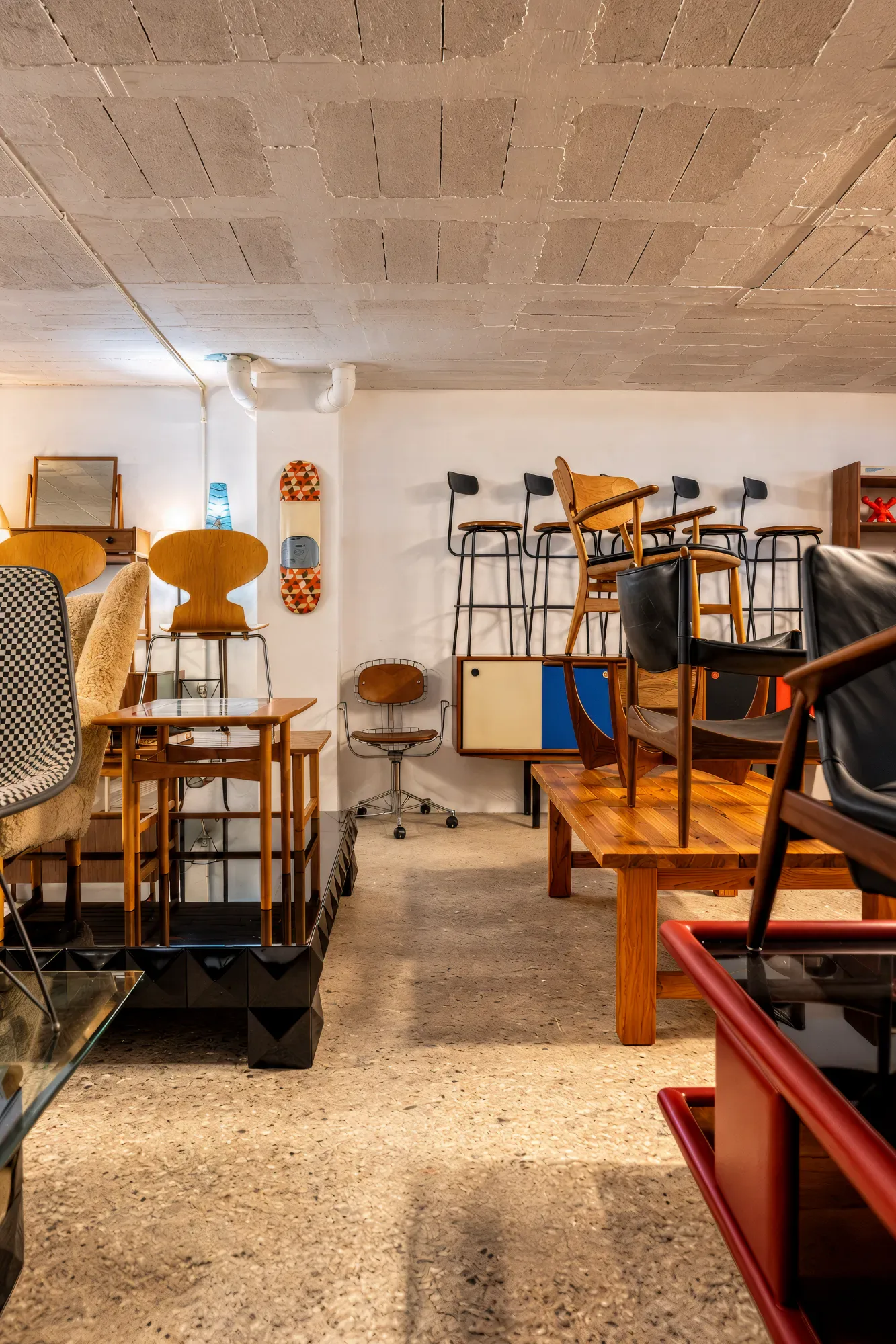 Brand shoot: design chairs, stools and a colourful sideboard in the showroom