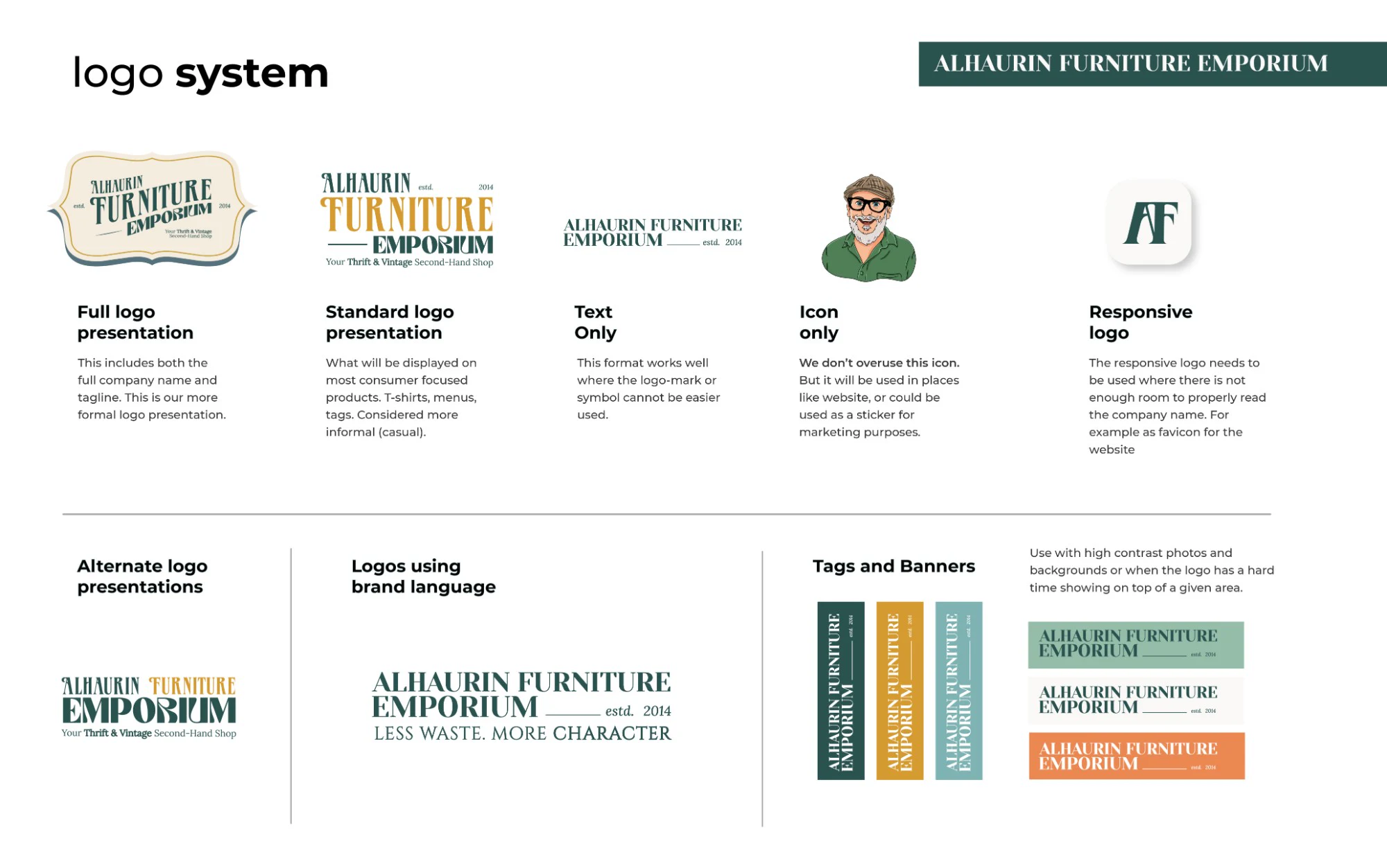 Alhaurín Furniture Emporium logo system: full logo, standard logo, text only, illustrated owner icon and AF monogram