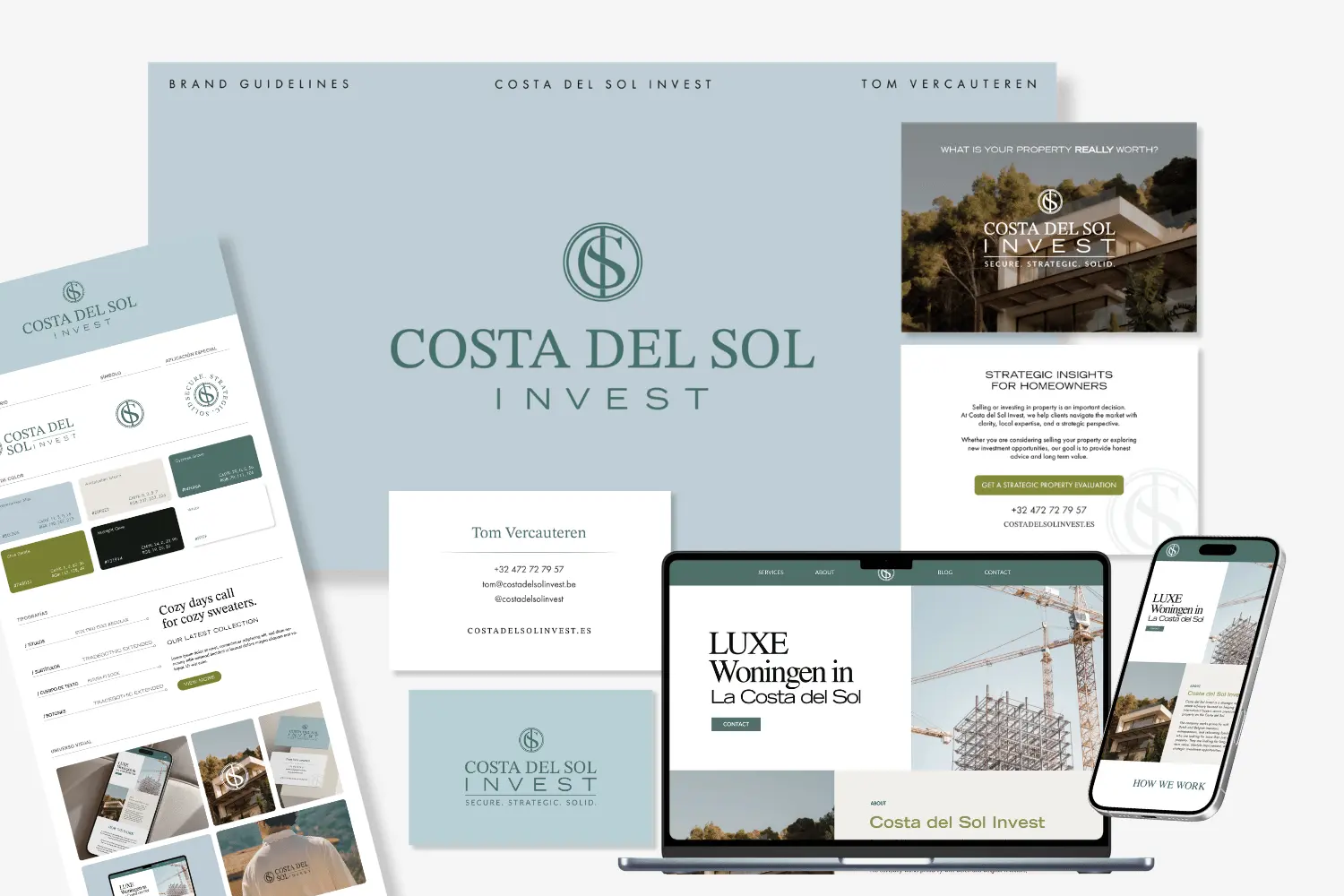 Costa del Sol Invest brand identity on guidelines, business cards, flyers and website