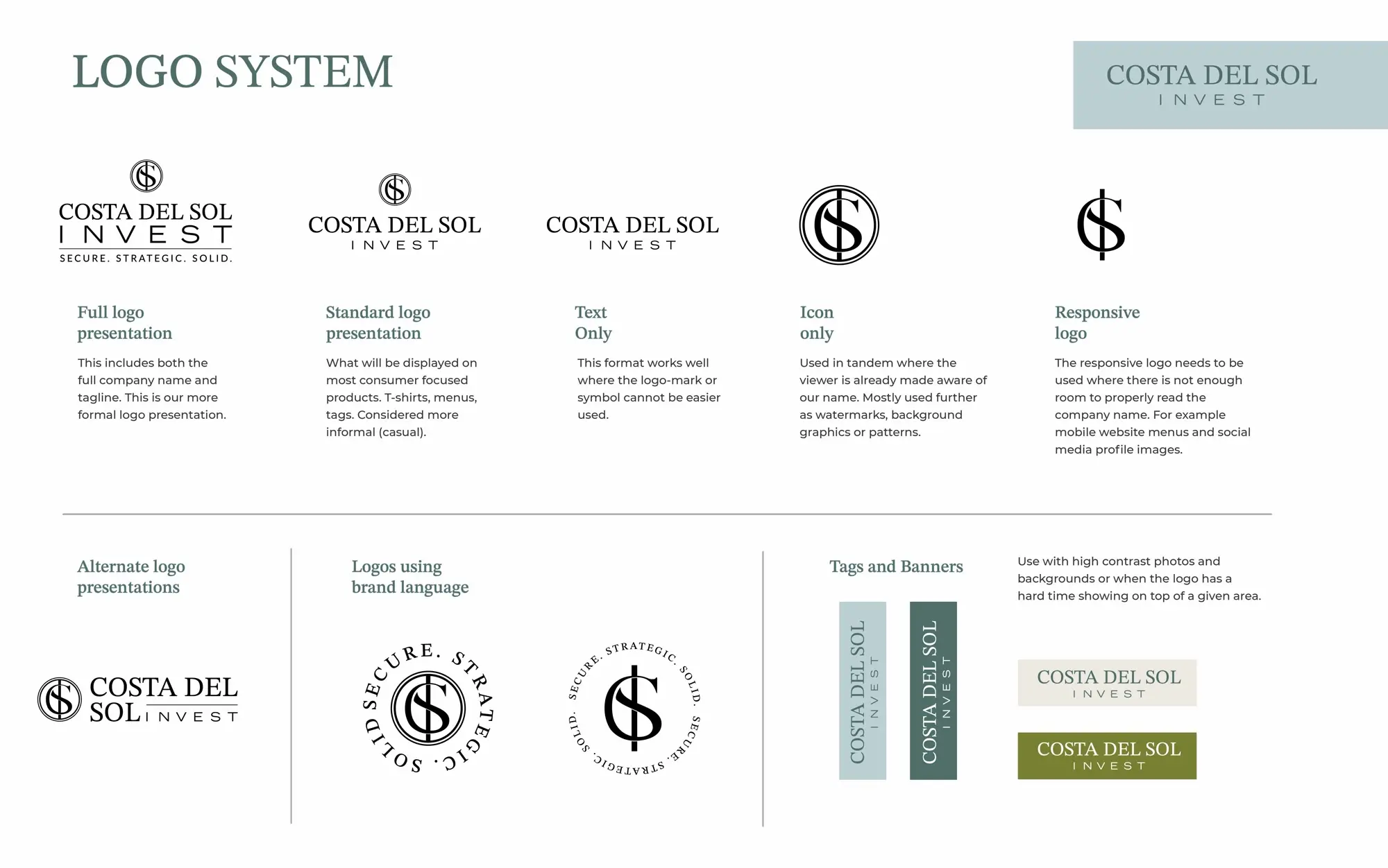 Costa del Sol Invest logo system: full logo, standard logo, text only, monogram icon and responsive logo