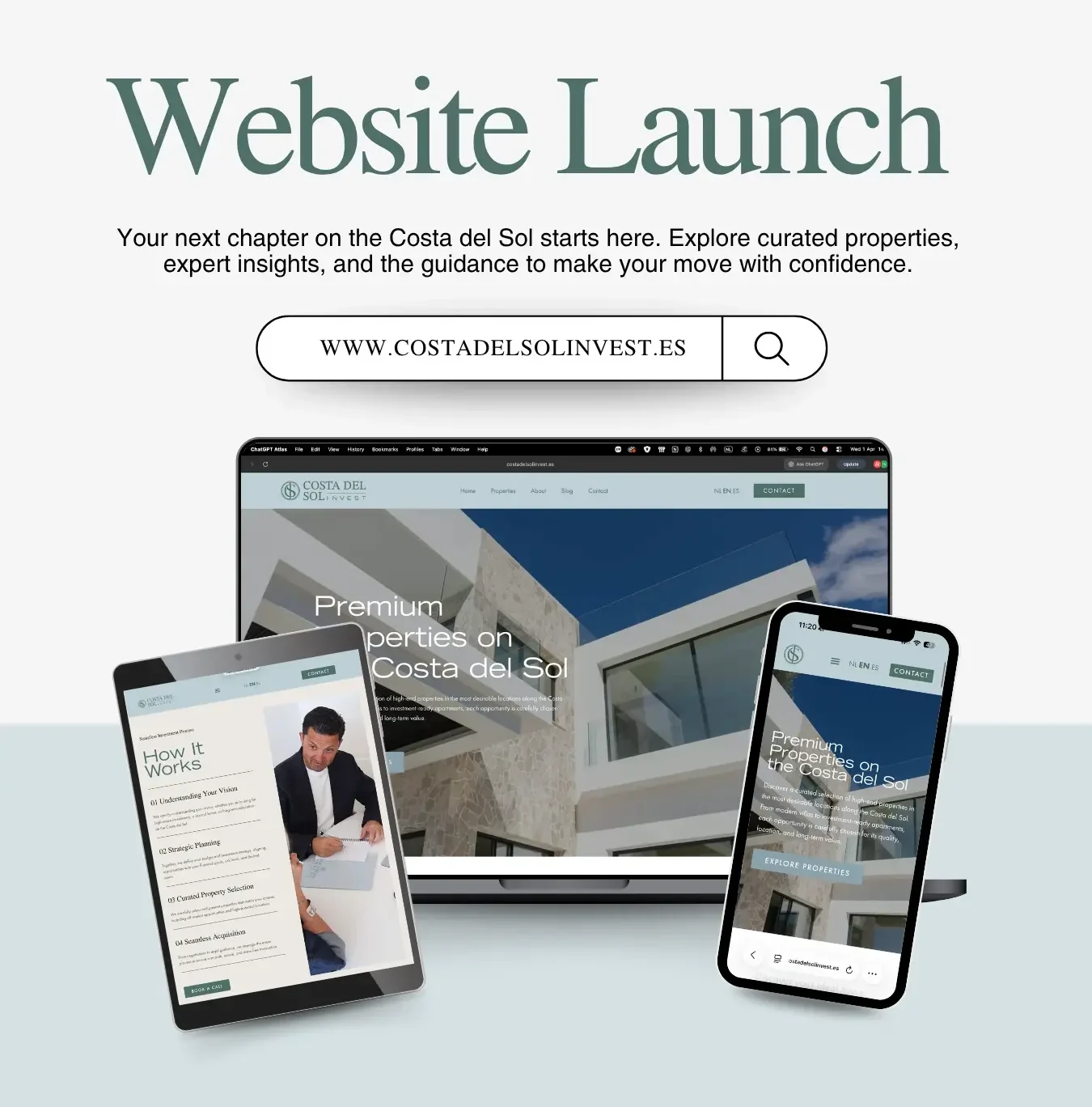 The new Costa del Sol Invest WordPress website on laptop, tablet and phone